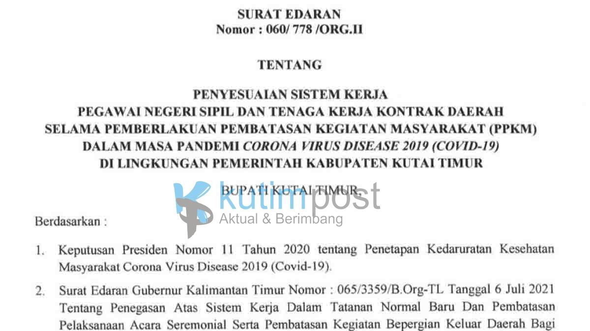 Perubahan Jam Kerja Pegawai Pemkab Kutim Selama PPKM Mikro