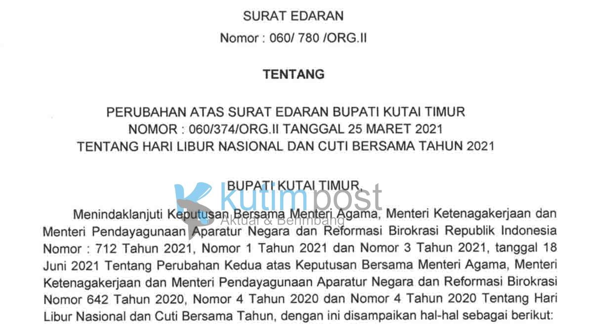 Surat Edaran Bupati Terkait Libur Nasional dan Cuti Bersama Tahun 2021