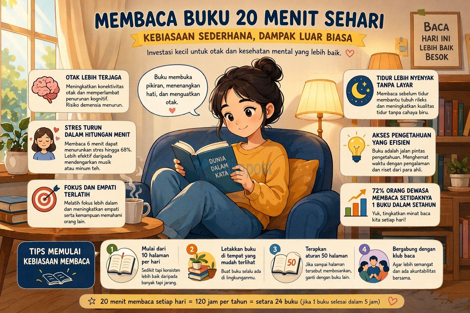Membaca Buku 20 Menit Sehari: Kebiasaan Sederhana dengan Dampak Besar bagi Otak dan Kesehatan Mental Membaca Buku 20 Menit Sehari: Kebiasaan Sederhana dengan Dampak Besar bagi Otak dan Kesehatan Mental